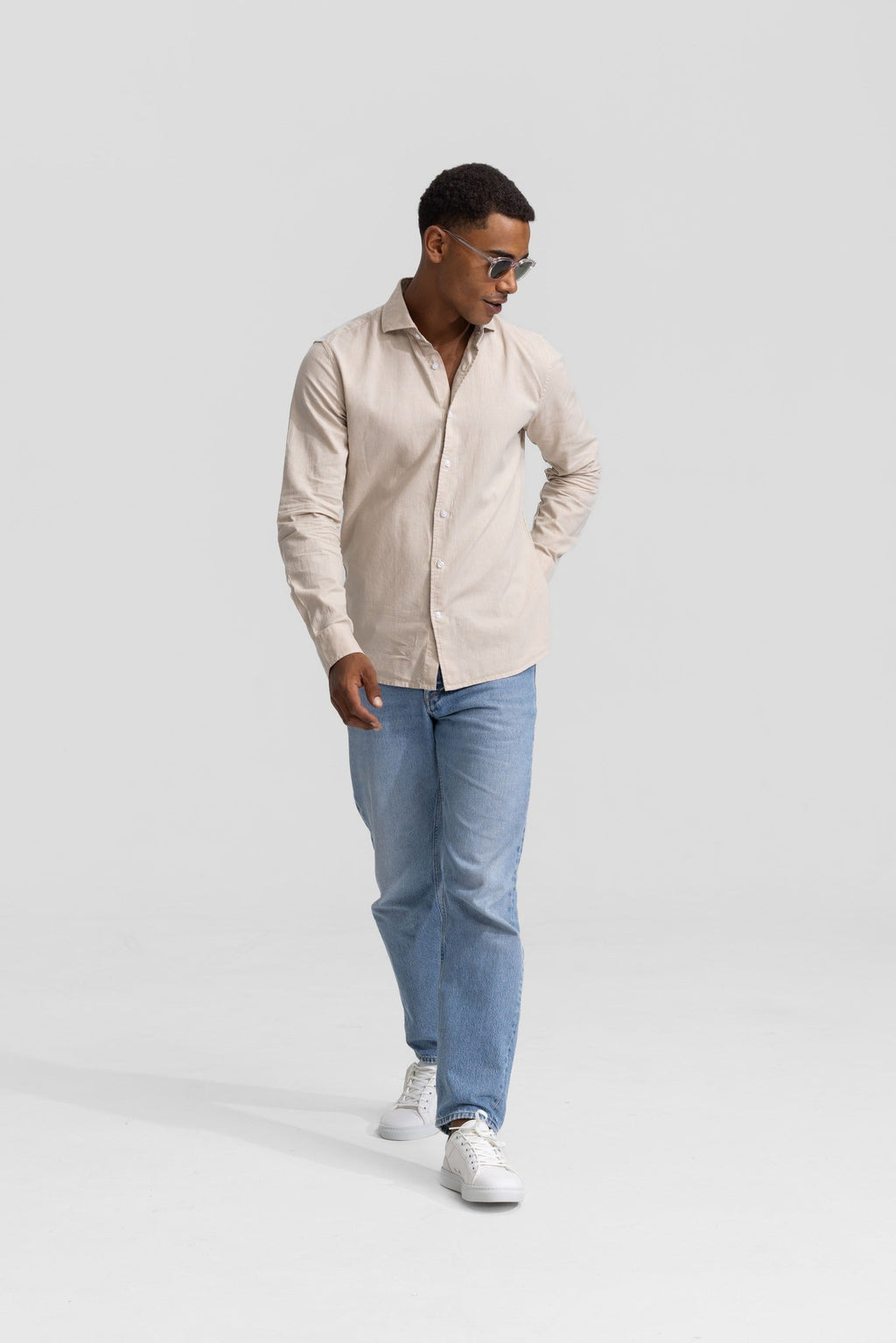 Soloumbrella Men's Beige Long Sleeve Button Down Shirt
