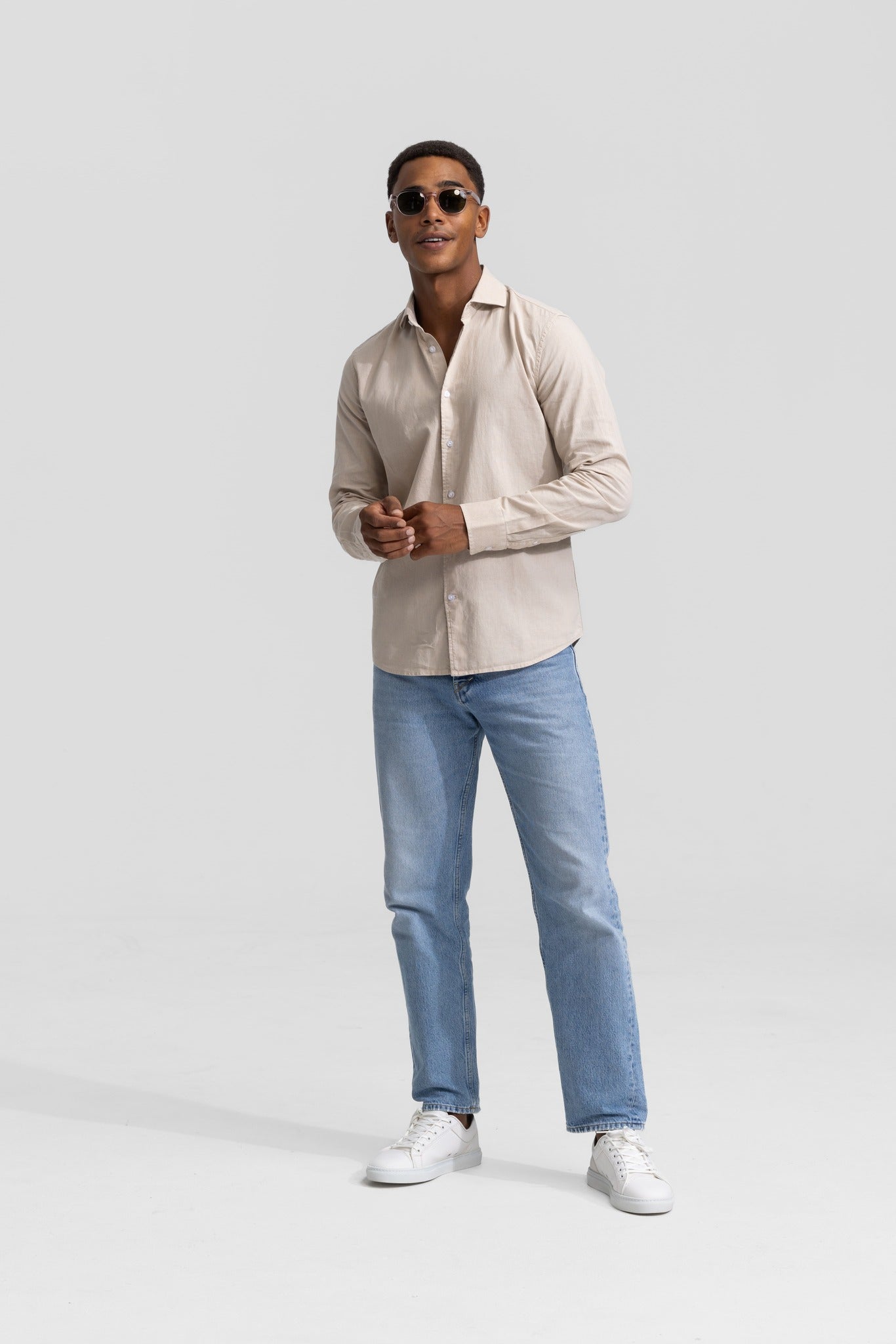 Soloumbrella Men's Beige Long Sleeve Button Down Shirt