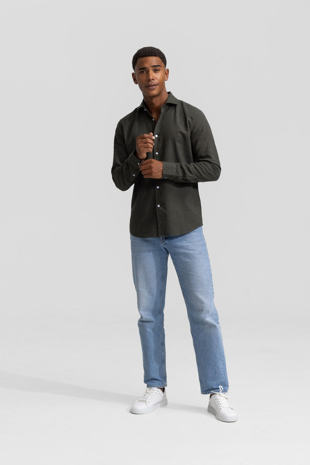 Soloumbrella Men's Olive Green Long Sleeve Button Down Shirt