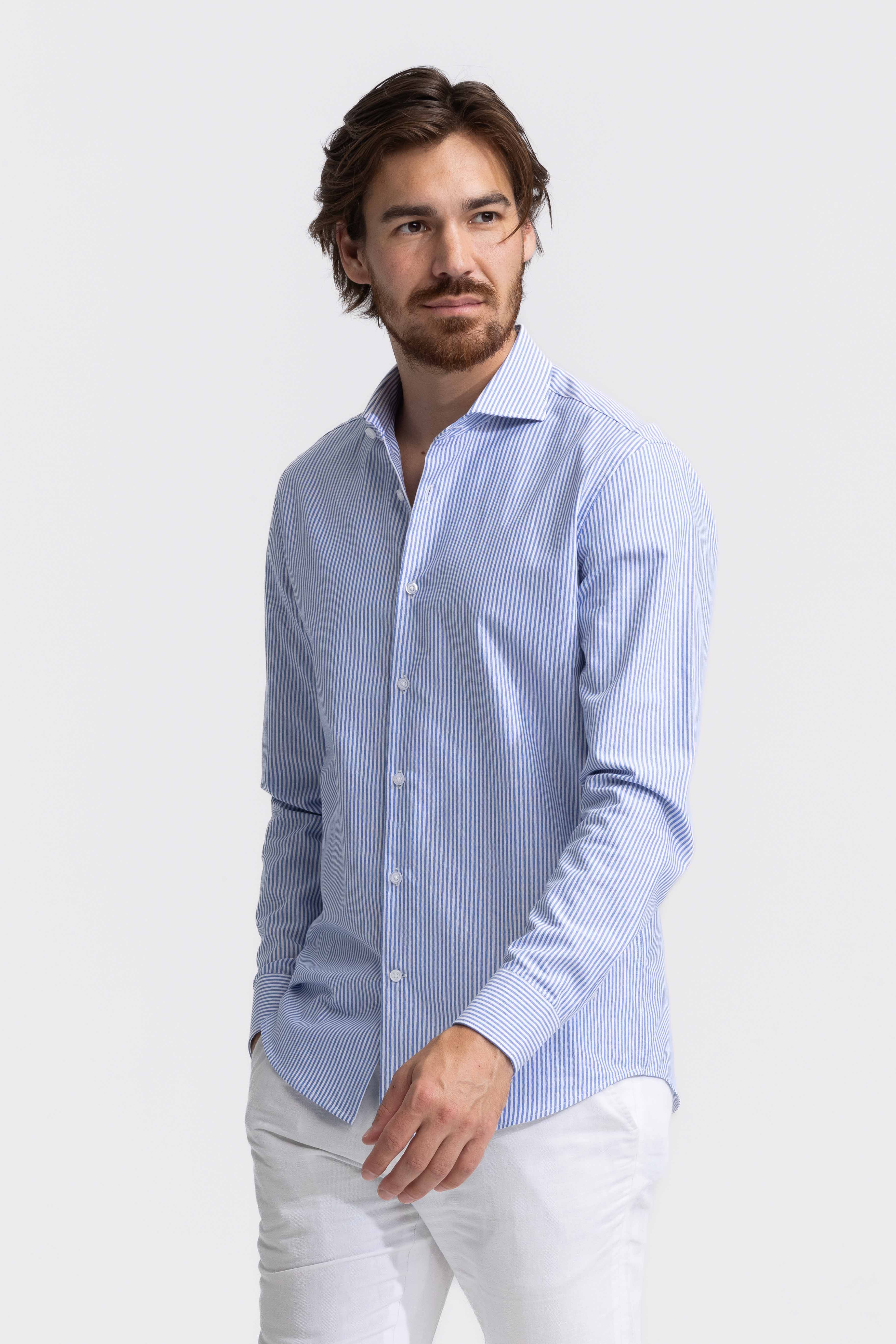 Soloumbrella Men's Blue White Striped Long Sleeve Button Down Shirt