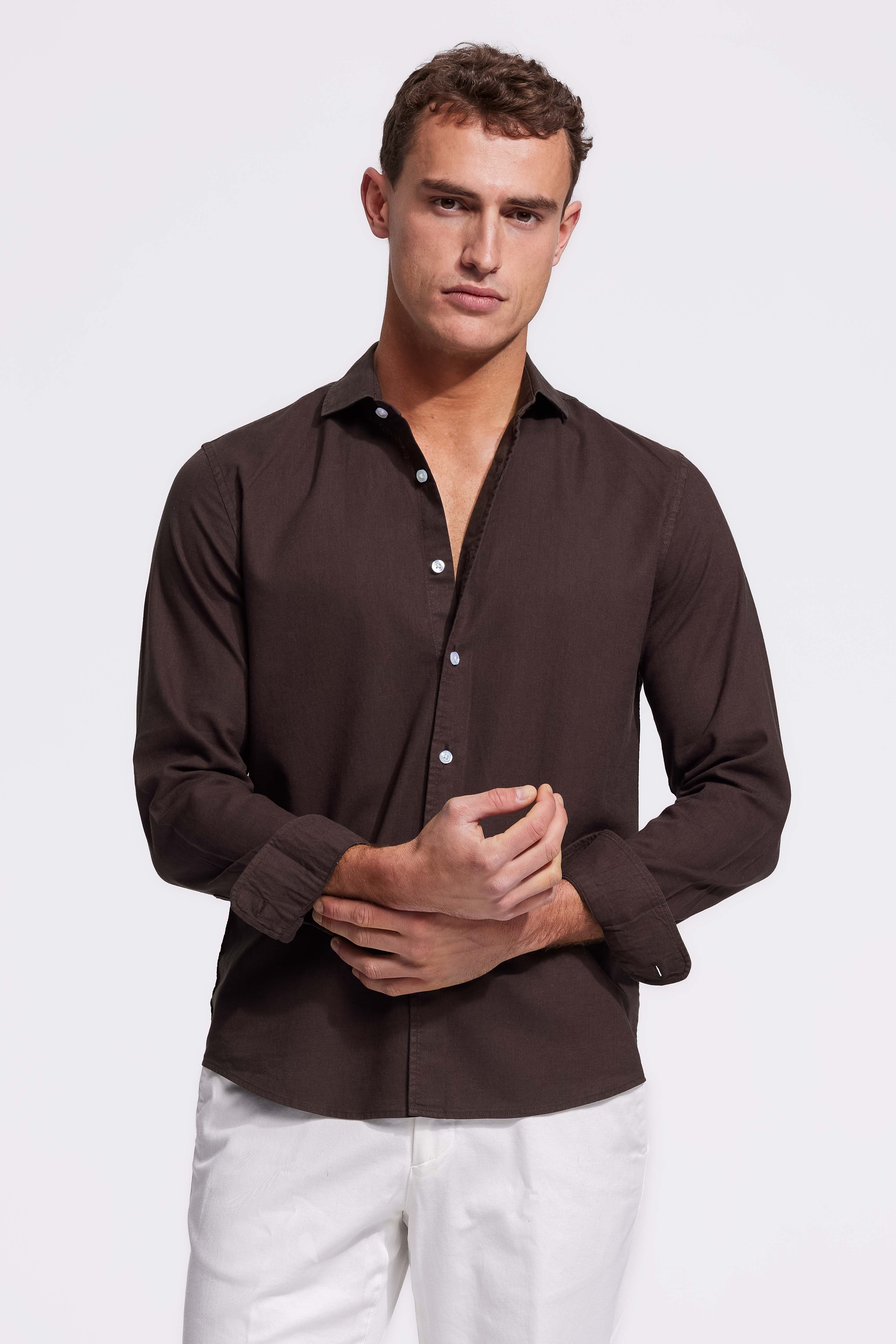 Soloumbrella Men's Dark Brown Long Sleeve Button Down Shirt