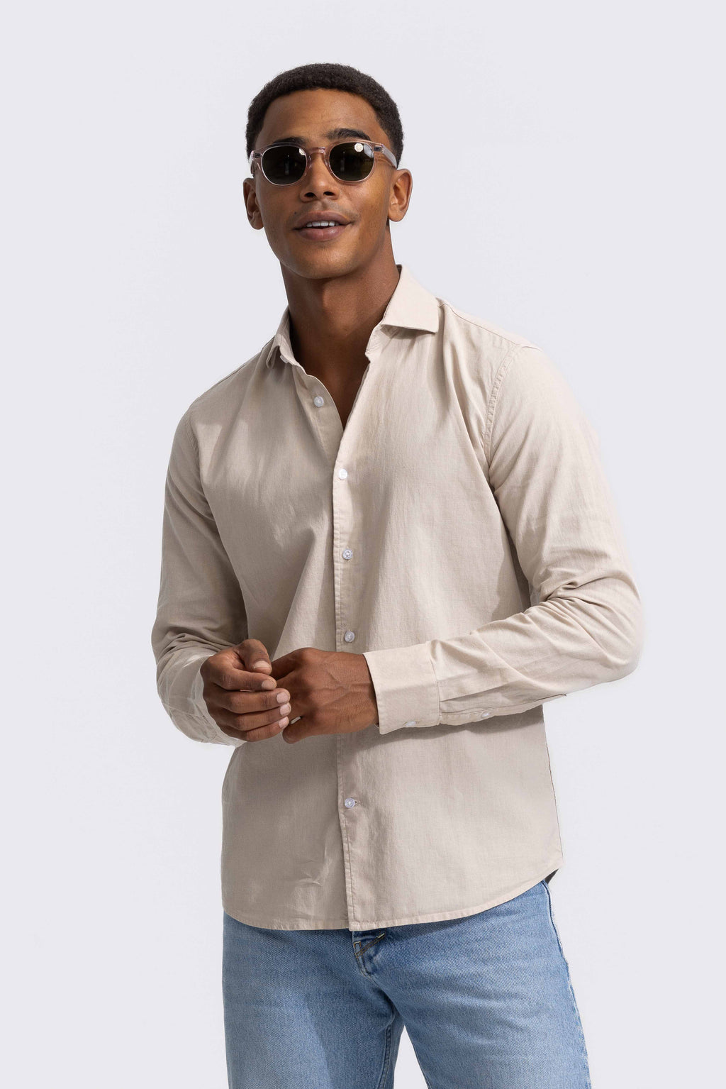 Soloumbrella Men's Beige Long Sleeve Button Down Shirt