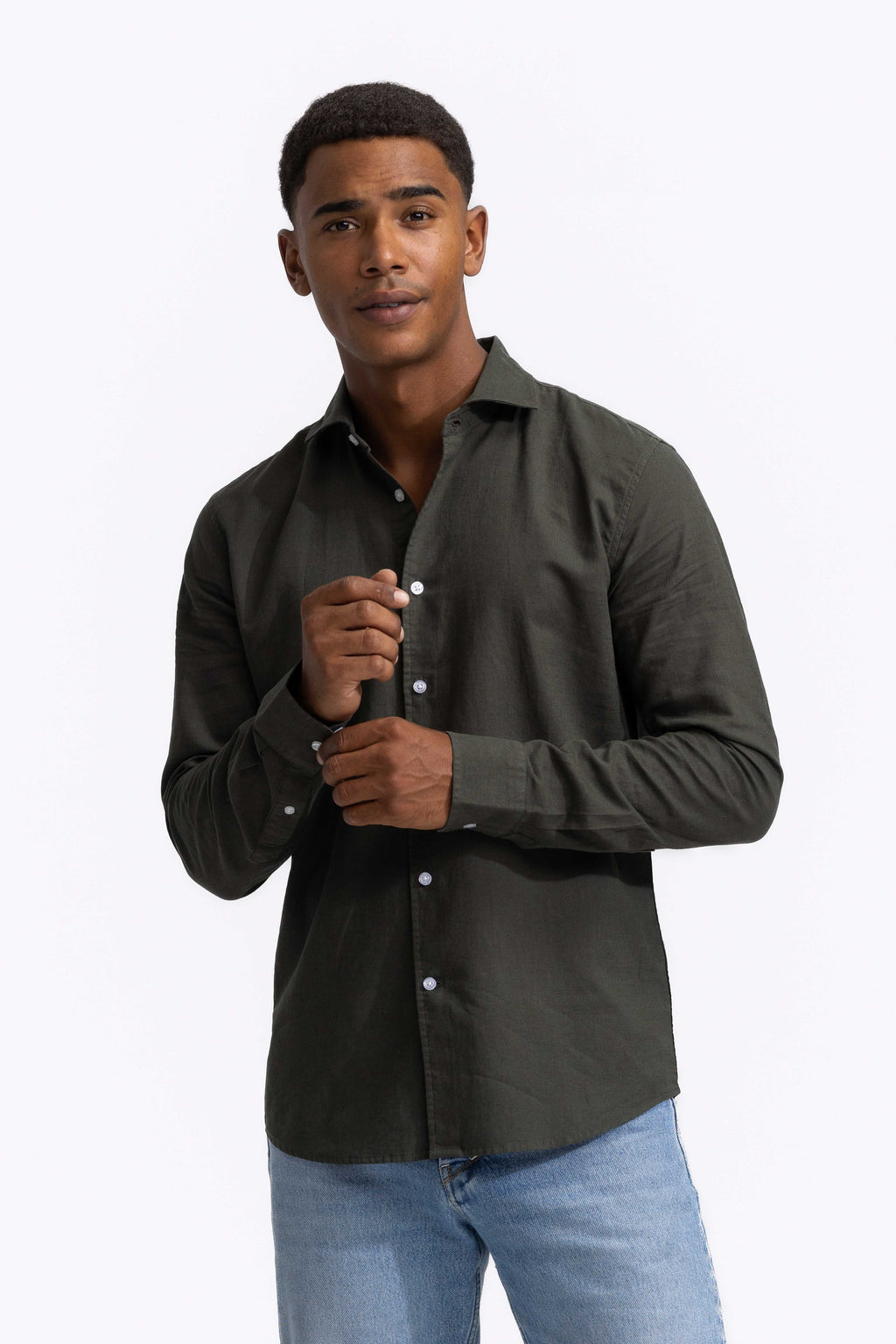 Soloumbrella Men's Olive Green Long Sleeve Button Down Shirt
