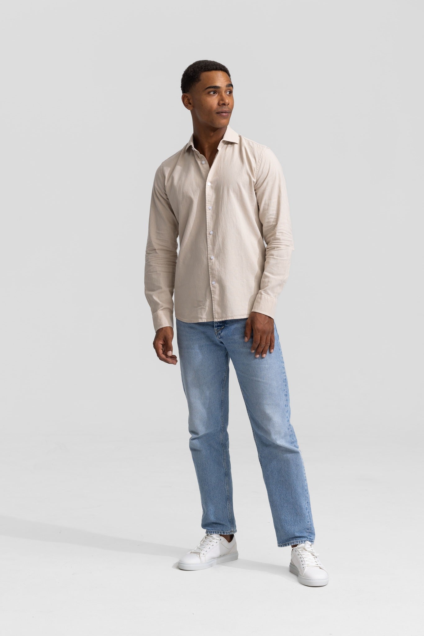 Soloumbrella Men's Beige Long Sleeve Button Down Shirt
