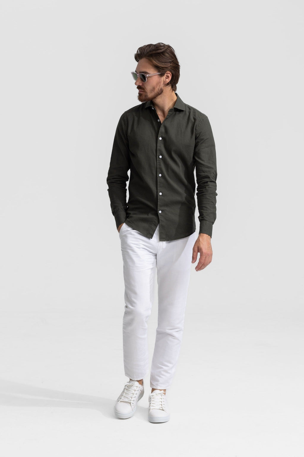 Soloumbrella Men's Olive Green Long Sleeve Button Down Shirt
