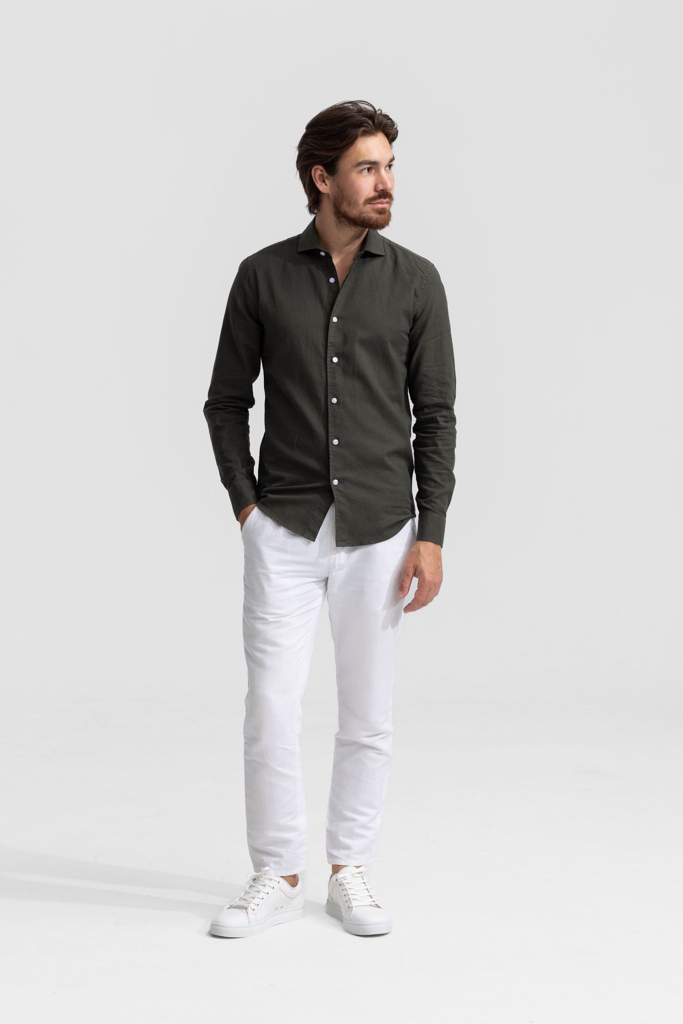 Soloumbrella Men's Olive Green Long Sleeve Button Down Shirt