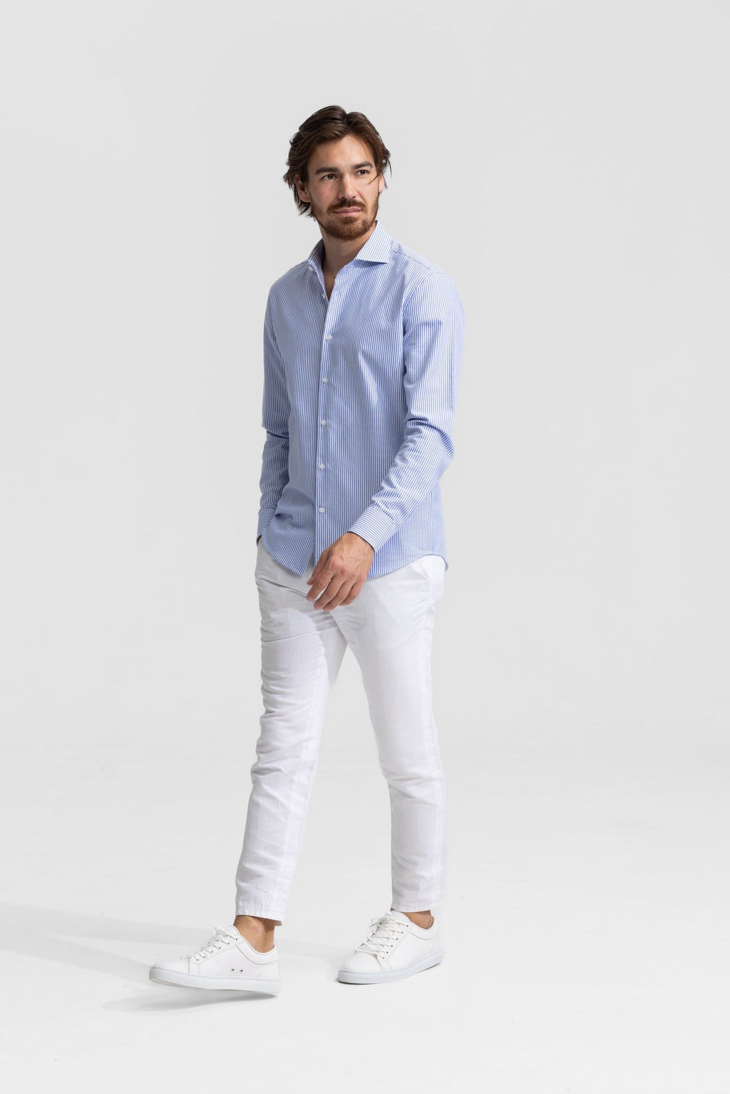 Soloumbrella Men's Blue White Striped Long Sleeve Button Down Shirt