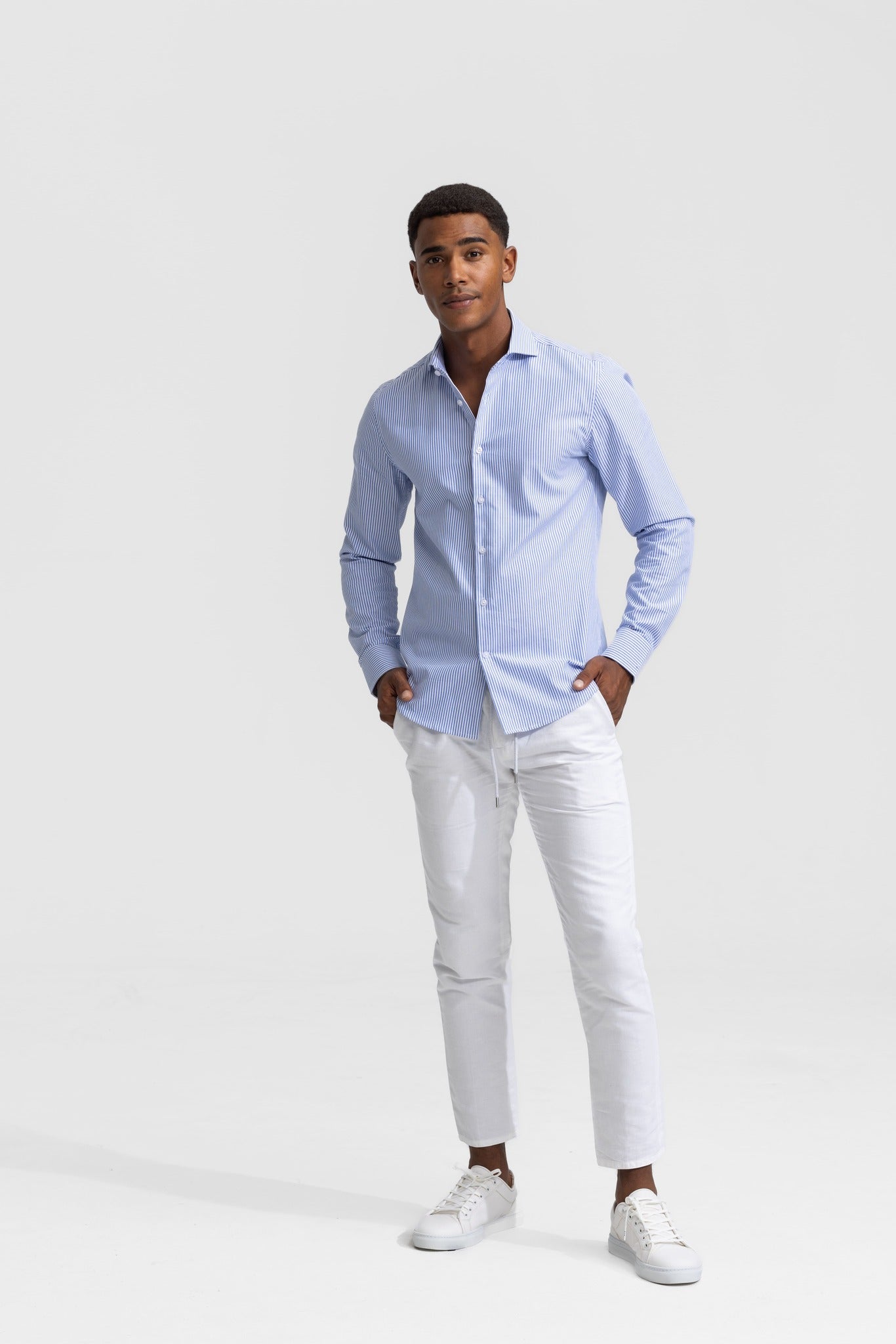 Soloumbrella Men's Blue White Striped Long Sleeve Button Down Shirt