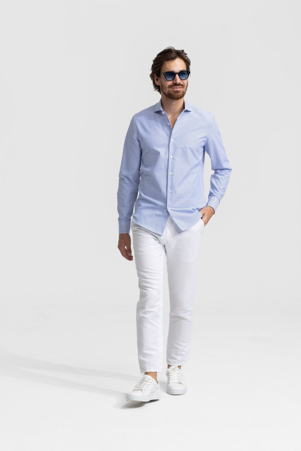 Soloumbrella Men's Blue White Striped Long Sleeve Button Down Shirt